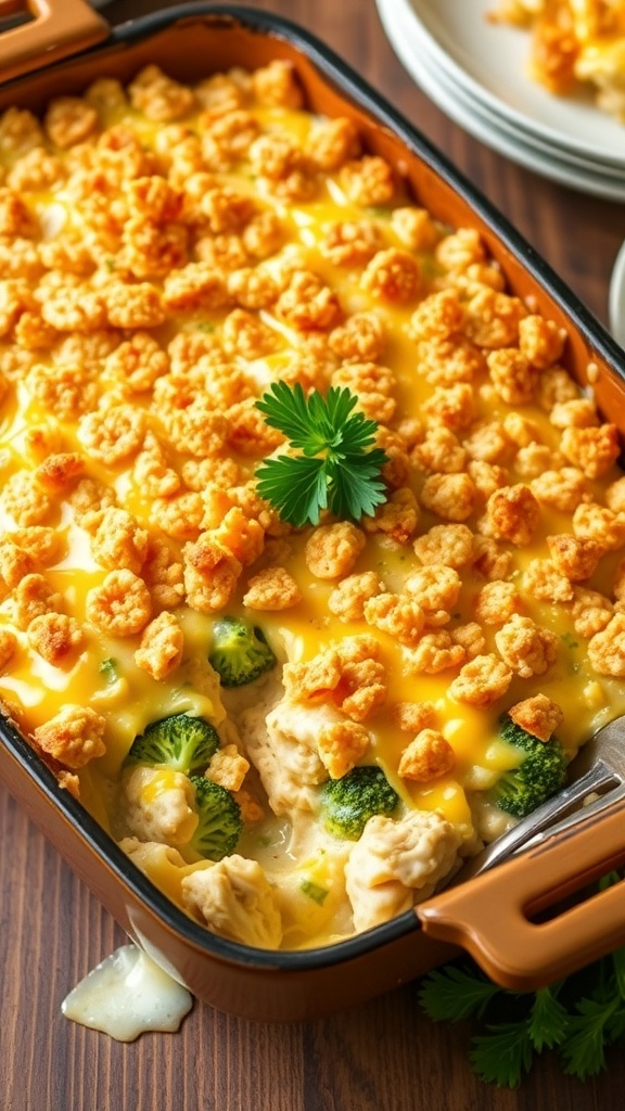 Cheesy Chicken and Broccoli Casserole in Air Fryer Cheesy chicken and broccoli casserole topped with melted cheese and crackers, served in a rustic dish.